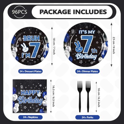 96 Pcs Bruh 7th Birthday Party Decorations for Boys, Serves 24 - style: Black Blue Bruh 7th Plates