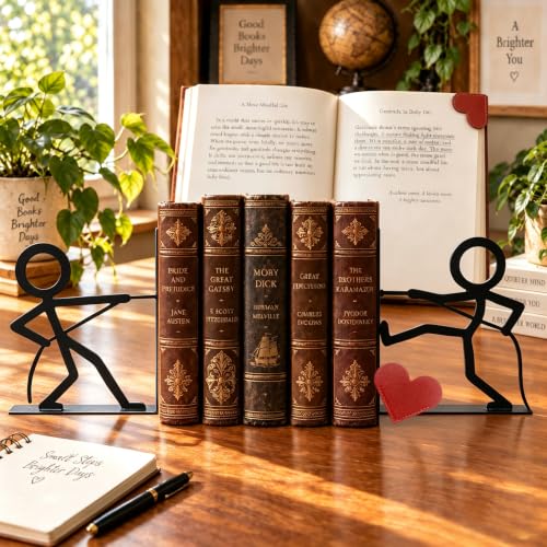 2 Pcs Metal Bookends and Heart Bookmark,Book Ends for Book Shelf,Tug of War - color: Tug War Black
