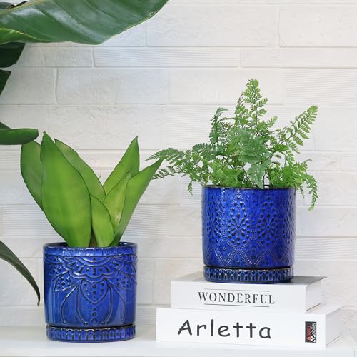 Ceramic Pots for Indoor Plants with Drainage Holes and Saucers, Ceramic Planter for Plants, Flower Pot - Set of 2 - color: Blue, size: 6Inch+6Inch
