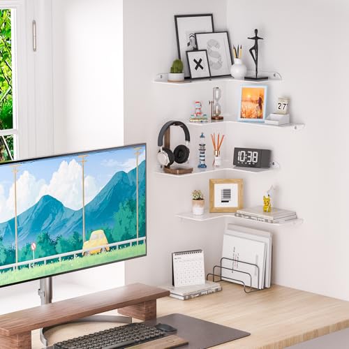 Sezanrpt 8x11.8 Inch Corner Shelf Wall Mount Set of 4, White Acrylic Corner Floating Shelves, Wall Organizer Shelf for Bathroom, Kitchen, Bedroom, Living Room, Dining Room, Office - color: White, size: 8x11.8 Inch