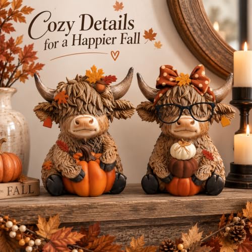 Karenhi 2 Pcs Fall Highland Cow Figurines Resin, Autumn Tabletop Decor - style: Autumn