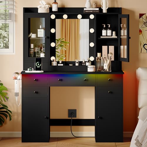 Xixini 44" Vanity Desk with Mirror & Lights, Glass Storage Cabinets, Black - color: Black
