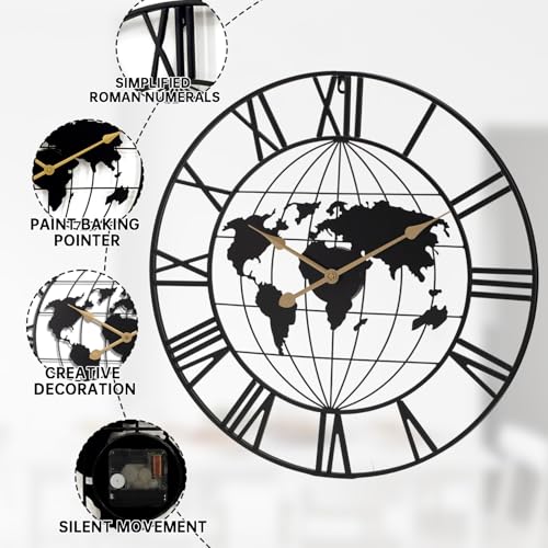 SIN&MI Large World Map Wall Clock,Metal Minimalist Modern Clock,Round Decorative Silent Non-Ticking Battery Operated Wall Clocks for Living Room/Entryway/Kitchen/Bedroom/Office/School Decor (24 Inch) - color: Black, size: 24*24Inch