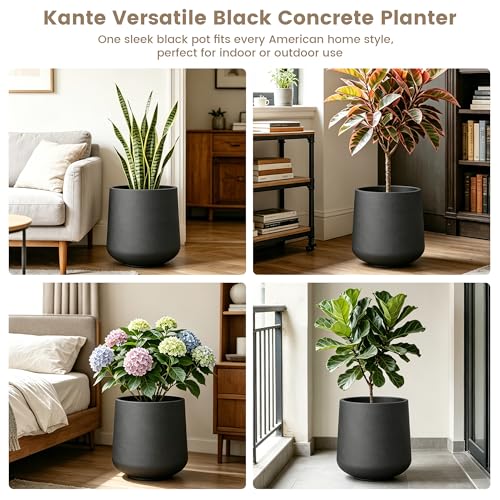 Kante Accent Round Curved Black Concrete Planter 13" Dia, Outdoor - color: Burnished Black, size: 13" D
