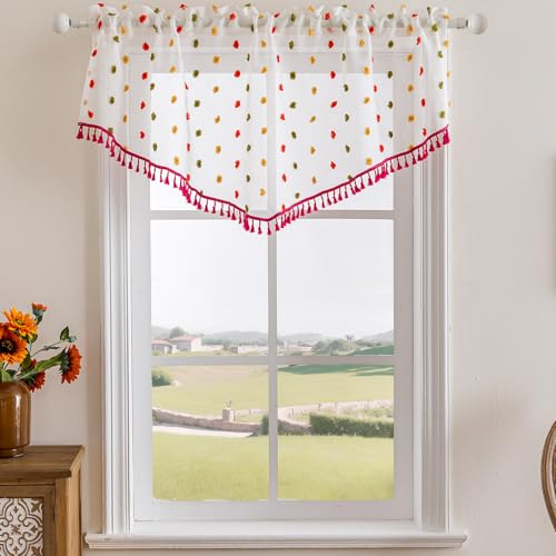 3 Pieces Boho Sheer Valances for Windows, Cute Pom Pom Rod Pocket Light Filtering Short Valance Curtains with Tassels for Nursery Kids Bedroom Bathroom Cafe (Red A,55"x24") - color: Red a
