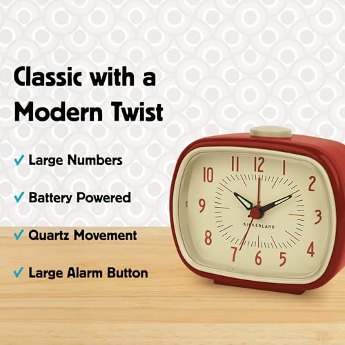 Kikkerland Retro Alarm Clock – Vintage Decor for Bedroom, Nightstand, Living Room, or Office – Battery Operated, Decorative Analog Clock, Red - style: Red Retro