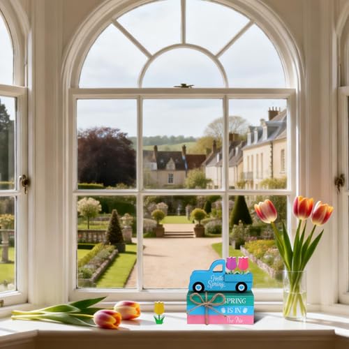 Pcs Spring Wooden Table Sign Hello Spring Table Centerpiece Hello Spring Truck Books Flowers Farmhouse Faux Book Stack Pastel Tulip Tiered Tray Block Decor for Home Holiday Decoration - style: Hello Spring Tulip