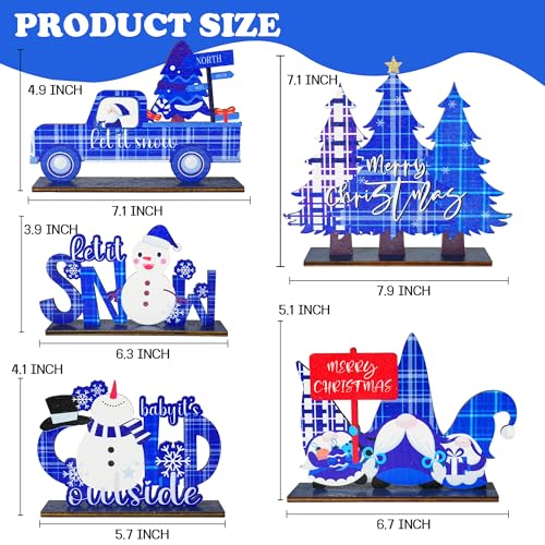 NEROSUN 5 PCS Christmas Table Centerpiece Decorations, Wooden Xmas Snowman Santa Claus Gnome Table Decorations Signs, Merry Christmas Table Toppers for Holiday Home Party Indoor Decor (Blue)
