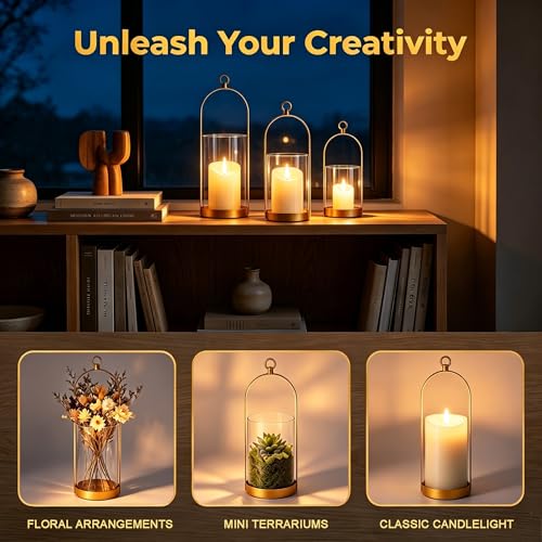 Hurricane Glass Candle Holders Set of 3, Hanging Gold Candlestick
