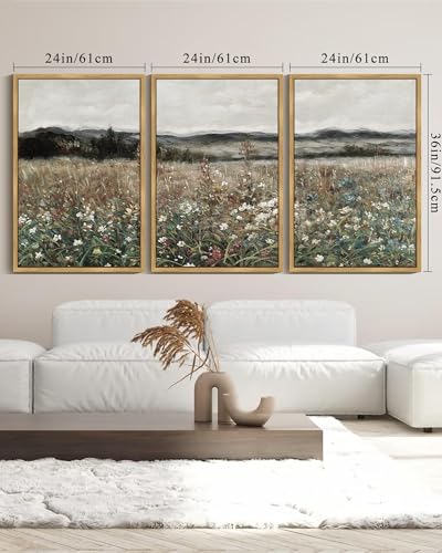 SHENIFY Vintage Landscape Framed Wall Art Meadow Flowers Farmhouse Decor Retro Classic Painting for Hallway Living Room Bedroom Dining Room - 24x36in3pcs Natural Framed - color: Natural, size: 36L" x 24W" x 3PCS