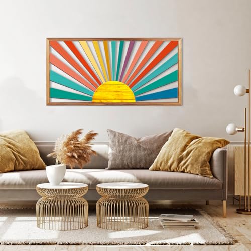 IARTTOP Large Boho Sun Wall Art Framed Wooden Art Wall Decor Colorful Rainbow Geometric Line Sunshine Artwork for Living Room Bedroom Office 16x32 Inch - color: Colorful Rainbow Sun, size: 32"L x 16"W