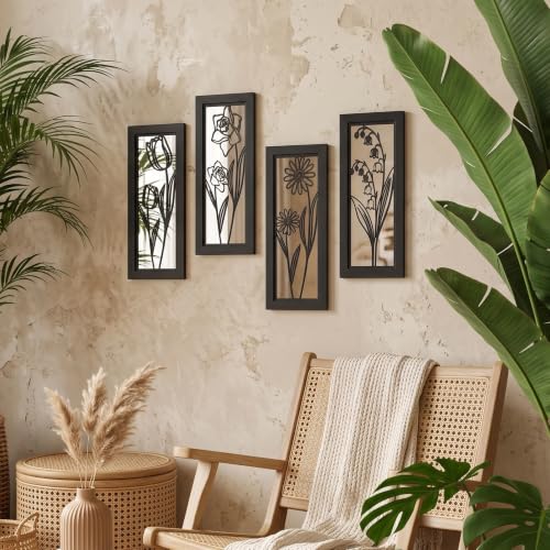 ZEXUIRU 4 Set Rustic Wall Mirrors for Bedroom Bathroom Living Room Entryway Wood Farmhouse Rectangular Easy to Hang Framed Decorative Accent Hanging Wall-Mounted Mirror Set for Living Room - Black - color: Rectangular Black