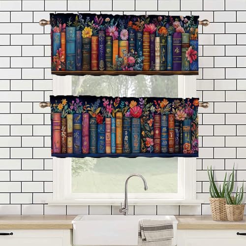 Bookshelf Kitchen Curtains Set of 2 Educational Bookcase Watercolor Flowers Rod Pocket Decorative Small Window Curtains Valance for Cafe Living Room Bathroom Window Treatment Valances 54x18 inch - color: Bookshelf
