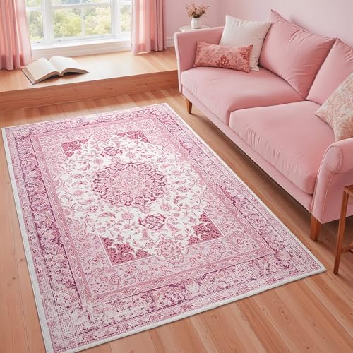 Macgace Washable Vintage Area Rug for Bedroom, 4x6 Cute Rugs Bright Pink - color: Pink & White, size: 4' x 6' (Rectangular)