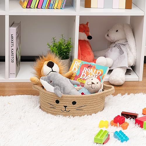 Small Woven Rope Cat Toy Basket with Cat Face Design, Jute - color: Jute, size: 9.8"W x 4"H
