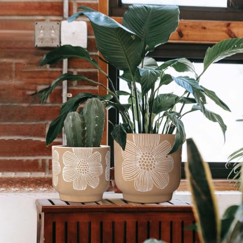 Ceramic Plant Pots, 8+6 Inch, 2 Pcs Indoor Planters with Drainage Holes - color: Modern Tan Floral, size: 8+6 Inch