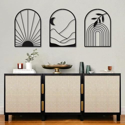 GSANMU Metal Minimalist Wall Decor - 3 Pcs black Bohemian Hanging Wall Single Line Art Wall Sculptures for Living Room,bathroom and staircase 17×11.8 inch - color: Black(boho)