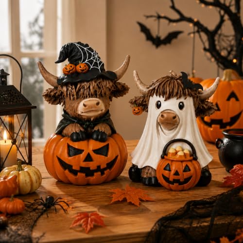 Karenhi 2 Pcs Halloween Highland Cows Figurines Resin, Pumpkin Decor - style: Ghost