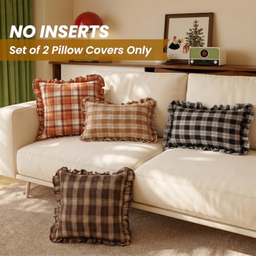 Burnt Orange Fall Tartan Plaid Ruffle Throw Pillow Covers 18x18 Set of 2 - color: Orange Ruffled Plaid Throw Pillow Covers, size: 18" x 18" (Pack of 2)
