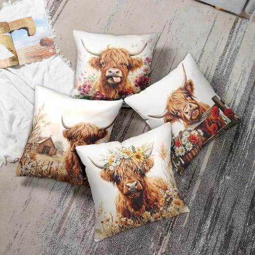 Throw Pillow Covers, Highland Rustic, Set of 4, 18"x18" - color: Highland Cow 2
