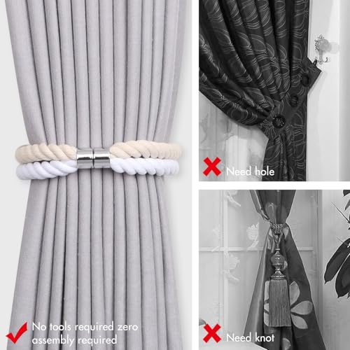 NICEEC Cotton Rope Magnetic Curtain Tiebacks, 2 Pack, Beige & White - color: Beige & White, size: 2 Pack
