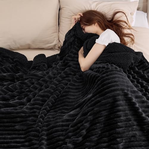 Bedsure Soft Sherpa Blanket Fluffy Black Gift Queen 90"x90" - color: 03 - Black, size: Queen (90" X 90")
