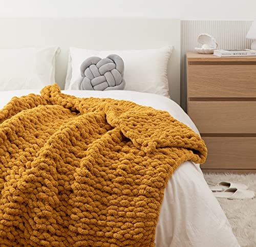 Chunky Knit Blanket Soft Chenille Yarn Knitted Throw Blanket 50"X60" Handmade Cable Warm Thick Giant Blanket for Couch Bed Trips (Turmeric Yellow, Throw 50"X60")?-¡ - color: Turmeric Yellow, size: Throw 50"X60"