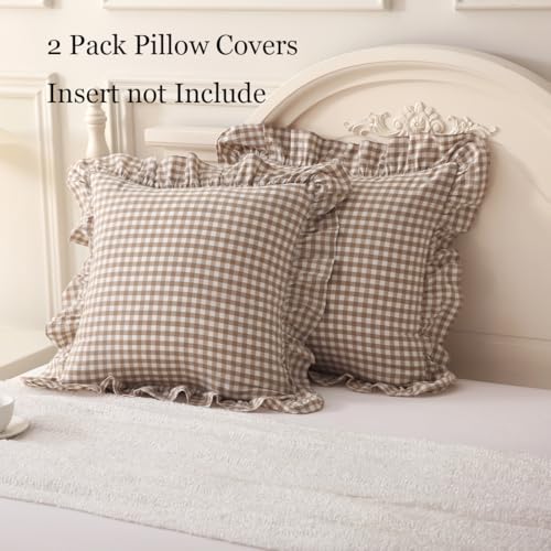 Silnuo 2 Pack Taupe/White Plaid Ruffle Throw Pillow Covers 24"x24" - color: Taupe Plaid, size: 24" x 24" - Set of 2