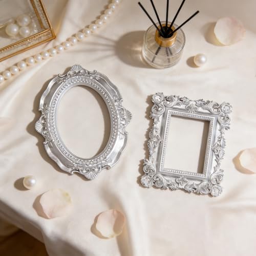 6 Pcs Mini Frames, Silver Small Vintage Picture Frames Antique Resin Photo Frame for DIY Craft Galley Wall Hanging Jewelry Display Shooting Photo Props Christmas Decor (Without Backings) - color: Silver, style: Style 1