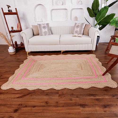 Wave Scalloped Jute Rug Entryway Natural Boho Area Rug Dark Pink 2'x4' - color: Dark Pink, size: 2'x4'