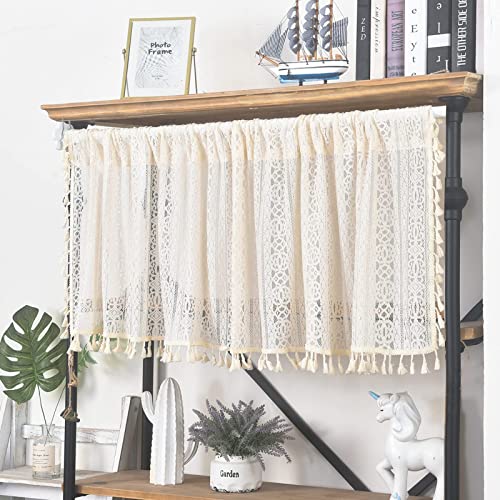 Sutuo Home Boho Sheer Curtain Valance Crochet Lace with Bohemian Hollow Knitted Handmade Tassels, Short Rustic Window Treatment for Kitchen Cafe, Rod Pocket, 1 Panel 59" W x 18" L, Beige - color: Beige Floral Crochet, size: 59"W x 18"L (Pack of 1)