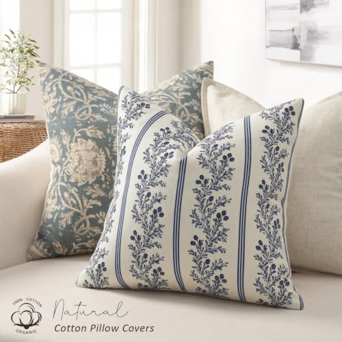 Vintage Throw Pillow Covers 22x22 Set of 2, Striped Floral Pillow Cover Botanical Patterned Decorative Cushion Covers Modern Farmhouse Home Decor for Sofa Couch Bed Living Room, Indigo Blue - color: Indigo Blue, size: 22" x 22" (Pack of 2)