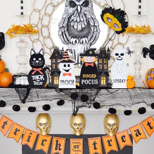 Halloween Decorations Indoor, DECSPAS 4 PCS Wood Blocks Halloween Table Decor, Ghost Black Cat Skull Witch Gothic Tabletop Ornaments, Hocus Pocus Decorations for Home, Tiered Tray, Shelf, Mantel - style: Halloween - Ghost, Cat, Skull, Witch
