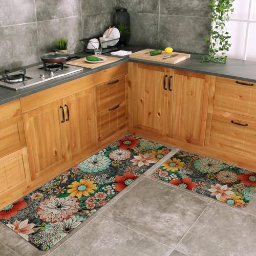 Boho Floral Kitchen Mats Set of 2 Non Slip Farmhouse Boho Flowers Kitchen Rugs Bohemia Home Decor Low-Profile Washable Floor Mat 17x47 Inch and 17x29 Inch - color: Boho Kitchen Mat-04, size: 17x47 inch and 17x29 inch