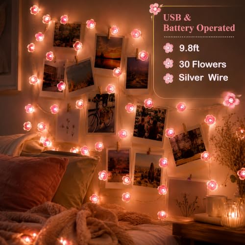 USB & Battery Powered 10ft 30 LED Cherry Blossom String Lights Party Decor - color: 13ft Pink Flower Lights