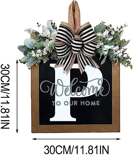 Last Name All Year Round Front Door Wreath with 26 Initial Letter Welcome Sign All Seasons Eucalyptus Garland and Bow ,Farmhouse, Porch, for Spring Summer Fall All Seasons Holiday Halloween Christmas.(P) - color: P