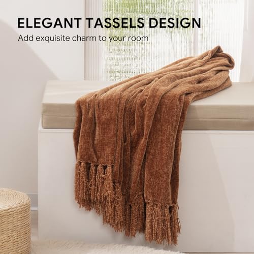 RECYCO Throw Blanket Soft Cozy Chenille Throw Blanket with Fringe Tassel for Couch Sofa Chair Bed Living Room Gift (Rust, 50" x 60") - color: Rust, size: 50'' X 60''