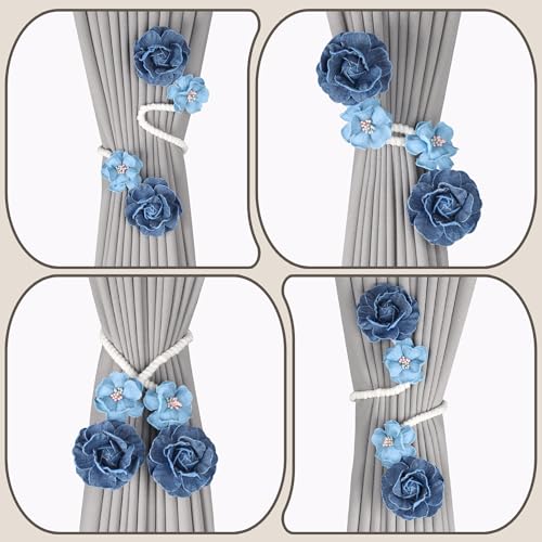 Meplait 2 Pack Boho Curtain Tiebacks, No Drill Curtain Holdbacks for Drapes - color: C Flower-blue