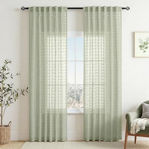 DANCURTON Sage Green Sheer Curtains 84 Inch Length 2 Panels Boho Pom Pom Sheer Window Drapes for Living Room Bedroom Design Back Tab Farmhouse Vintage Rustic Greyish Green Spring Decor Curtain 52x84 - color: Sage Green, size: 52"W x 84"L (Pack of 2)