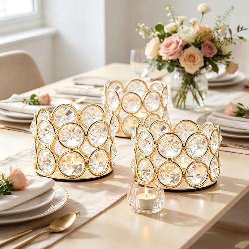 Pack of 12 Gold Crystal Tea Light Candle Holders for Wedding - color: Gold
