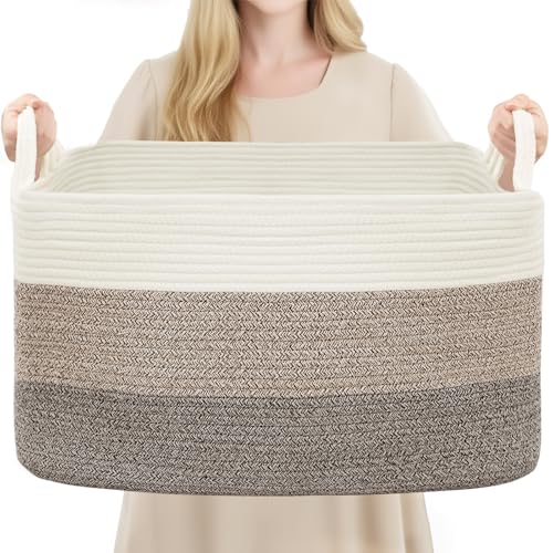 YOUDENOVA Large Blanket Basket, Rectangle Cotton Rope Storage Baske - color: White+Light Brown+Dark Brown