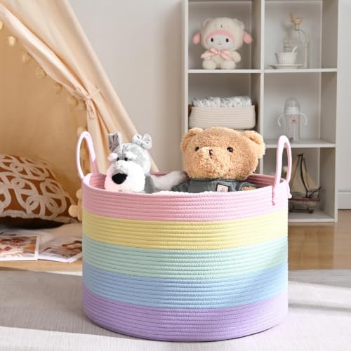 67L Large Rainbow Blanket Basket, Cotton Rope Baby Laundry Hamper with Handles, Kids Toy Basket for Classroom & Nursery, Soft Round Stuffed Animal Storage, Dog Toy Bin - 20"x13", Light Rainbow - color: Light Rainbow - W, size: Wide (20"D×13"H)