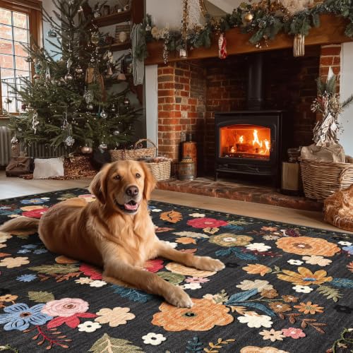 4x6 Washable Small Bedroom Rug: Living Room Area Rugs Non Slip Throw Carpet - color: Black Floral, size: 4' x 6' (Rectangular)