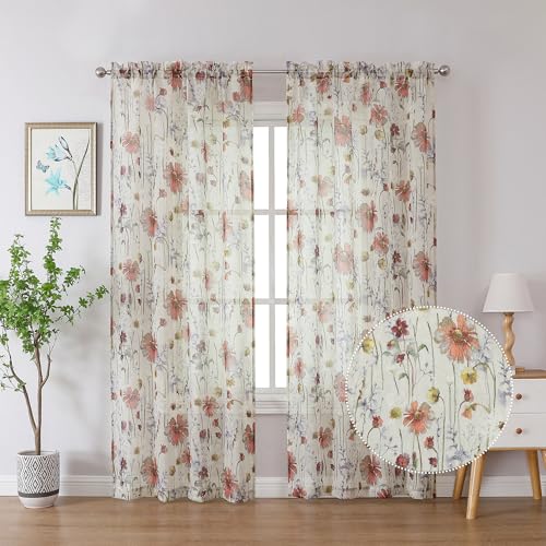OWENIE Crushed Sheer Curtains 90 Inch Length 2 Panels Set, Sheer Floral Curtains Printed Drapes on Sheers for Living Room, Rod Pocket Light Filtering Window Sheers 51" W x 90" L - size: 51"W x 90"L (Pack of 2)