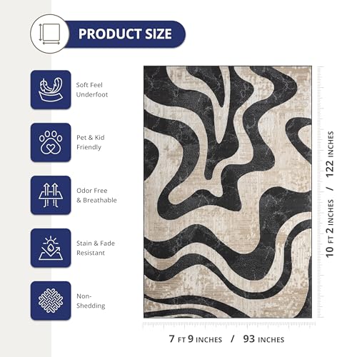 Beige Black Swirl Modern Area Rug – 8' x 10' – Contemporary Abstract Design – Terra Collection – Non-Shedding, Fade-Resistant, Easy to Clean – Durable for High Traffic Areas – Living Room & Bedroom - size: 7'9" x 10'2" (Rectangular)