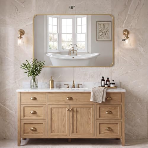 Sweetcrispy Bathroom Wall Mirror, 48x30 Inch Wall Mount Mirror for Over Sink, Modern Rounded Rectangle Vanity Mirrors with Matte Metal Framed, for Home Decor, Living Room, Bedroom, Gold - color: Gold-rect, size: 48"L x 30"W