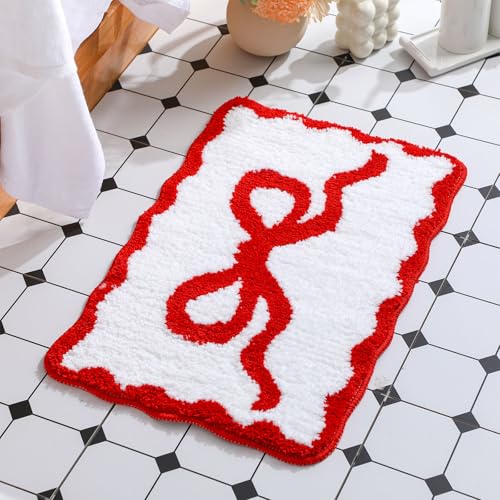Tinideya Red Bow Bathroom Rug 16" x 24" Scalloped Bow Bath Mat - color: Red, size: 16" x 24" (Rectangular)