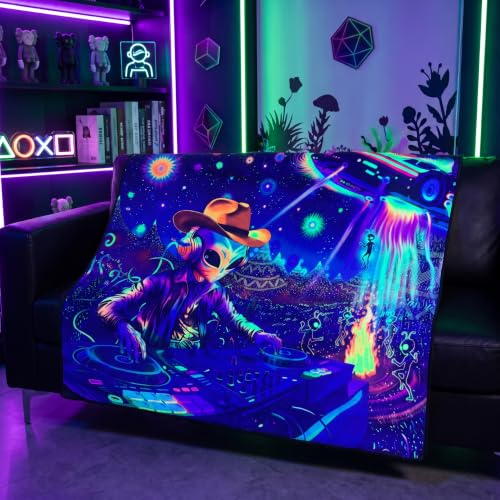 Blacklight Galaxy Alien Party Throw Blankets UV Reactive Night Sky Spaceship Throw Blanket Glow in the Dark Under Black Lights Game Room Decor Soft Throw Gifts 59x51 Inches - color: Alien Party