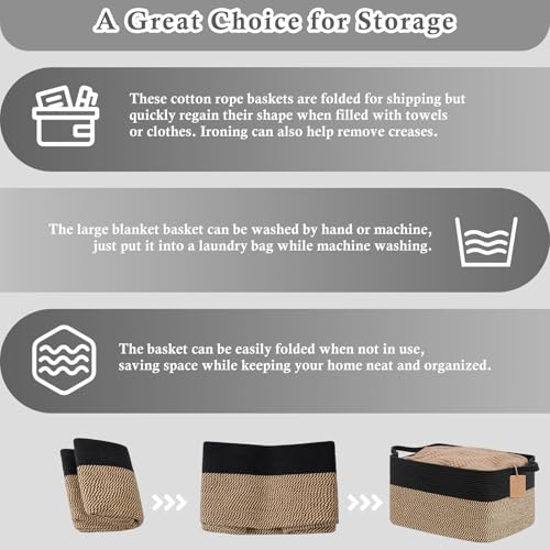 Goodpick 75L Extra Large Woven Blanket Basket, Rectangle, Black & Jute - color: Black Jute, size: 22"L x 17"W x 12"H