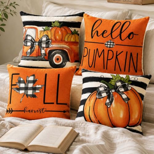 Fall Throw Pillow Covers for Home Strip Pumpkin Pillowcase 18x18 Set of 4 - color: Fall 01